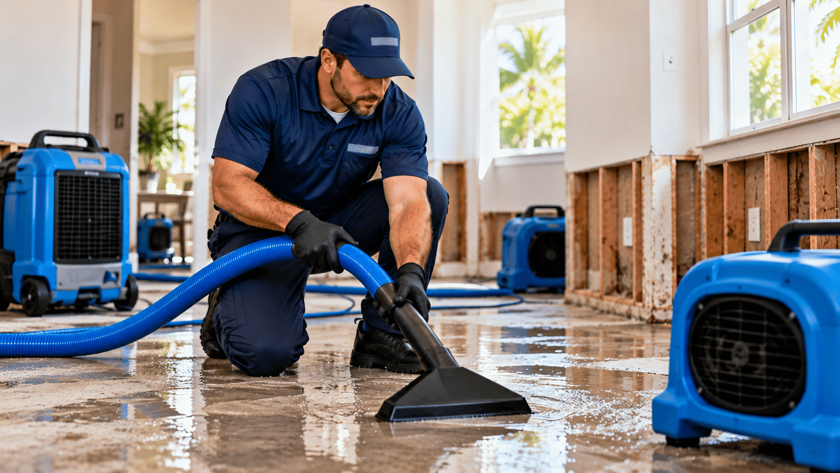 Technician removing water from a damaged interior floor